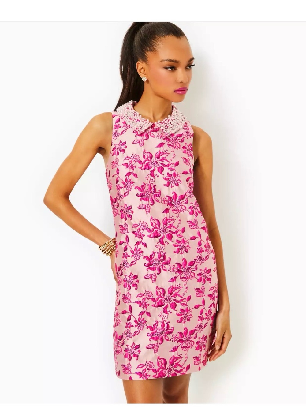 Lilly Pulitzer Pink Floral Pearl-Collar Shift Dress-Cocktail